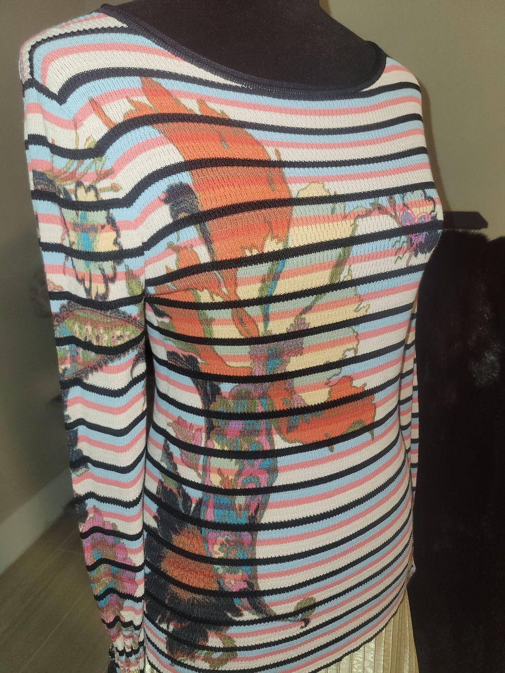 Vintage - Etro Striped Floral-Graphic Long-Sleeve Top in Pink, Blue & Black